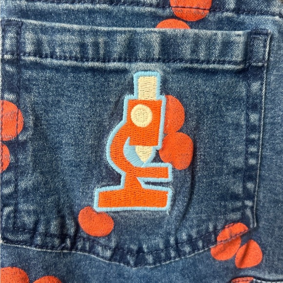 Christian Robinson Microscope Kids Denim Overalls with Reddish Orange Polka Dots - Picture 2 of 6